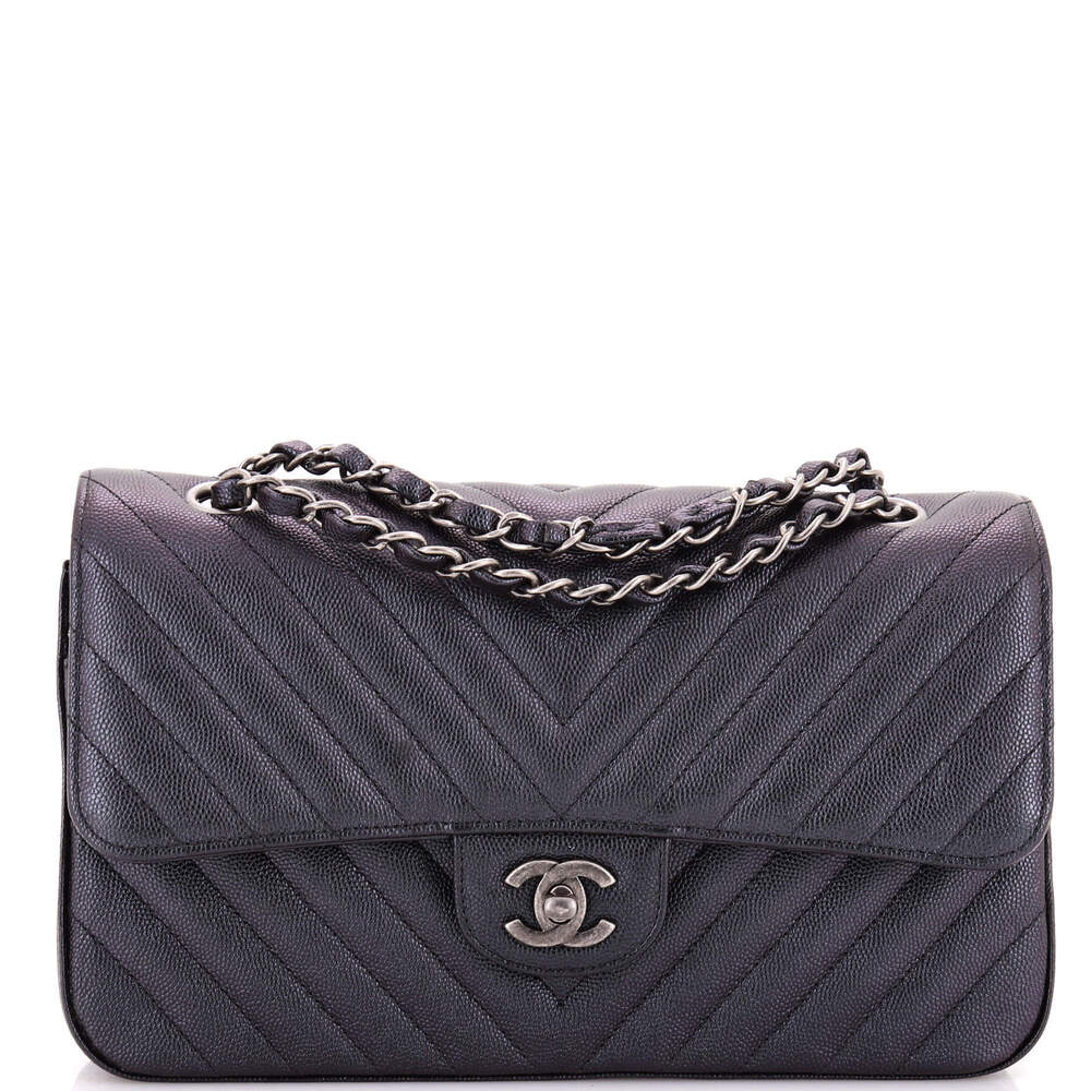 Chanel Medium Classic Double Flap Bag Chevron Iridescent Caviar
